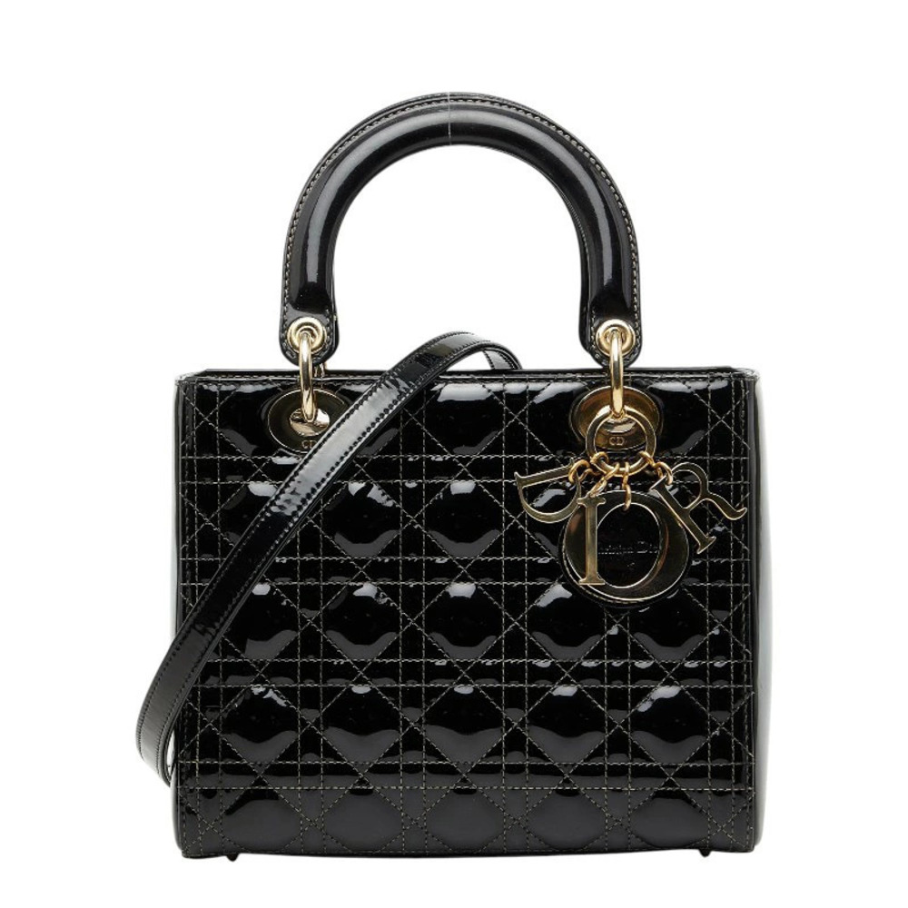 Christian Dior Cannage Lady 2way Shoulder Bag Black Patent Vernis Leather